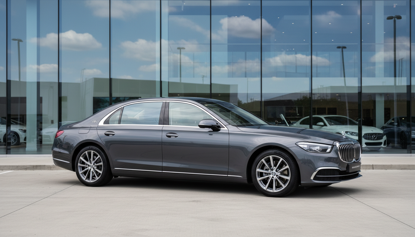 A gleaming, freshly detailed luxury sedan with sleek metallic charcoal-gray paint and chrome accents parked in front of a modern glass-walled automotive showroom. The vehicle is positioned at an elegant three-quarter angle on a smooth concrete lot, with crisp architectural lines forming the backdrop. Natural ambient daylight bathes the scene, creating clean reflections on the car's glossy surfaces and soft shadowing on the ground. The mood is professional and aspirational, underscoring innovation and prestige. Photographed at eye level with balanced composition, ensuring sharp clarity throughout. The image embodies a clean, structured, and ultra-modern corporate aesthetic—perfect for a leading automotive industry blog.