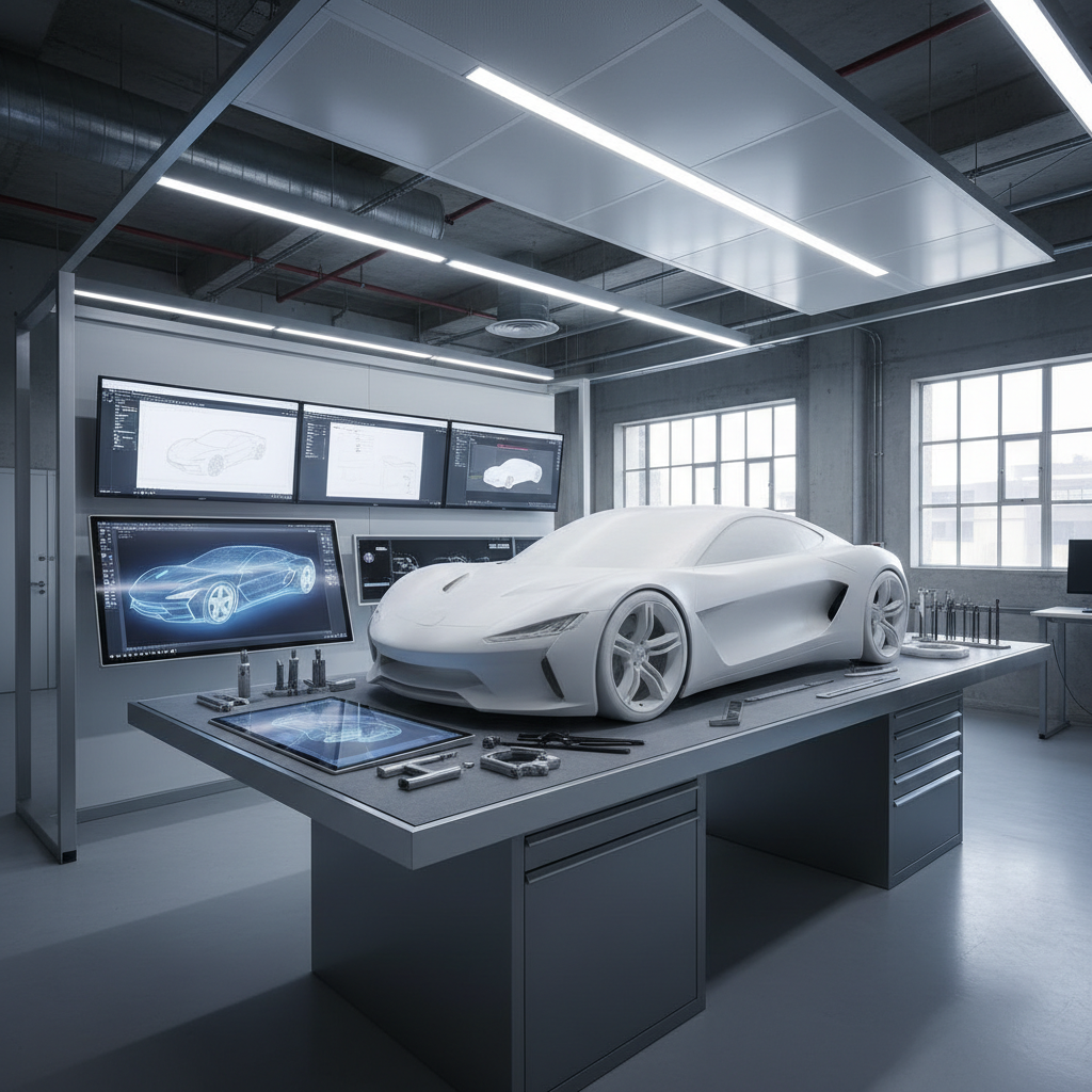 A meticulously organized, high-tech automotive design studio workspace featuring a cutting-edge concept car clay model in matte white finish, resting on a workbench surrounded by precision drafting tools and digital displays. The studio environment is spacious, with neutral-colored walls and minimalistic industrial decor. Soft, cool-toned overhead studio lighting creates gentle shadows and enhances surface details of the model, while subtle window light adds depth. The scene conveys a mood of focused innovation and creativity within a professional setting. Captured from a slightly elevated angle using rule of thirds, the composition accentuates the clean lines and balanced layout typical of modern automotive engineering spaces. The overall style is photographic realism with a corporate and sleek ambiance.